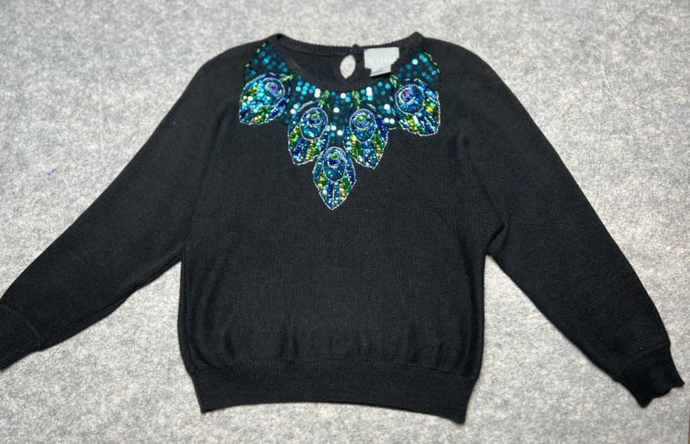 ACCENT Peacock Feather Sequin Embellished Sweater Size Small Black Long Sleeve